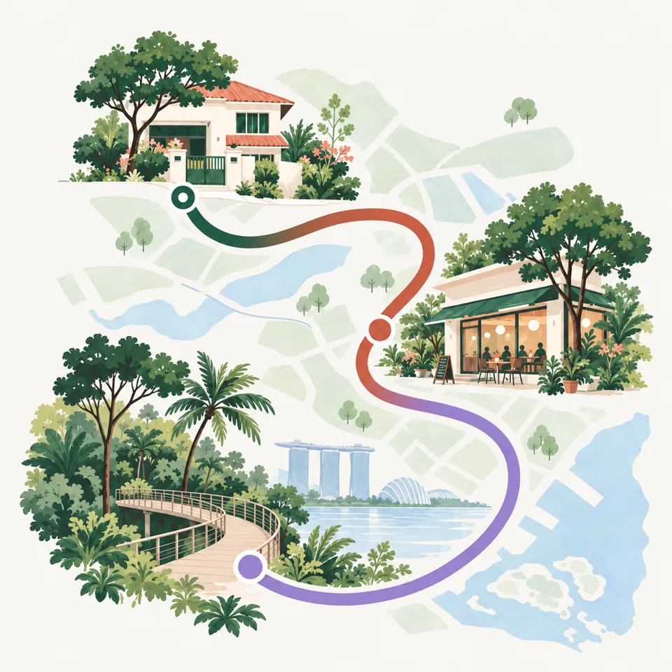 An illustrated map of a day. A route goes from a house, past a café, to a park at the waterfront.