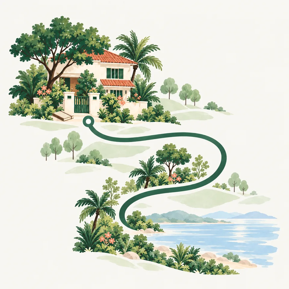 An illustrated route. It goes from a house, past the trees, to the waterfront.